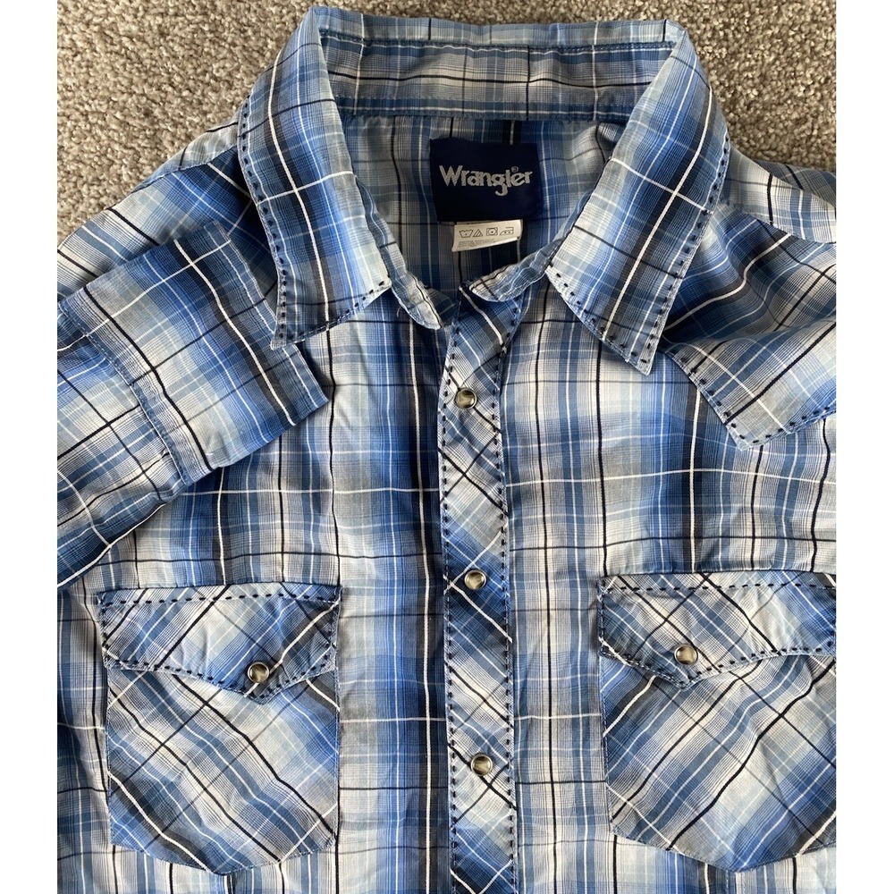 VTG Wrangler Pearl Snap Western Aztec Shirt Blue Rodeo Plaid Mens XL Cotton/Poly